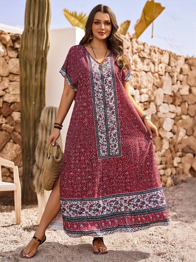 Plus Size Women's Summer Casual Vacation Country Floral Print Maxi Long Beach Dress For Vacation,Summer Outfits For Women ,Vacation Outfits Women ,Holiday Outfits For Women,Going Out Outfits,2026 New Clothes,Simple And Fashionable For Everyday Wear,Suitable For Summer, Vacation, Daily Wear, Festival Outfits For Women,Country Concert Outfit,Beach Outfits For Women,Western Style,Flowy Dress