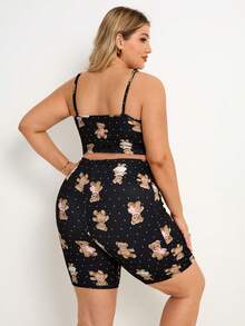 Plussiva 2件套孕妇加大码波点小熊印花蕾丝边吊带背心和可调节腰围短裤 - 彩色 - 查看 2