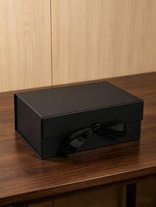 1 pieza Caja de regalo plegable de una sola pieza de cartón duro con lazo, elegante y resistente, decorativa para cumpleaños, vacaciones, cosméticos, fiestas, regalos, envoltura y almacenamiento en el hogar - Negro - Ver 2