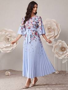 SHEIN Maternity Floral Print Ruffle Hem Elegant Midi Dress - Baby Blue - View 3