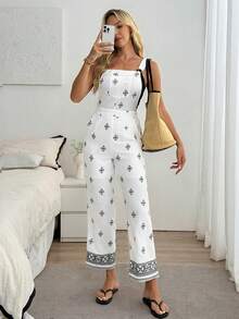 Louniche Damen lässiger, locker sitzender bedruckter Jumpsuit, modische schlankende weite Hose, geeignet für Frühling, Sommer Alltagstragen, Urlaub und Zuhause - Weiss - Übersicht 1