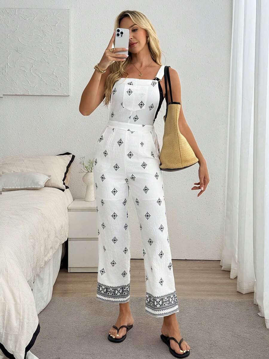Louniche Damen lässiger, locker sitzender bedruckter Jumpsuit, modische schlankende weite Hose, geeignet für Frühling, Sommer Alltagstragen, Urlaub und Zuhause - Weiss - Übersicht 1