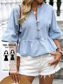 SHEIN PETITE Women's Button-Up Casual Versatile Daily Wear Mid-Sleeve Denim Top - Light Wash - View 1