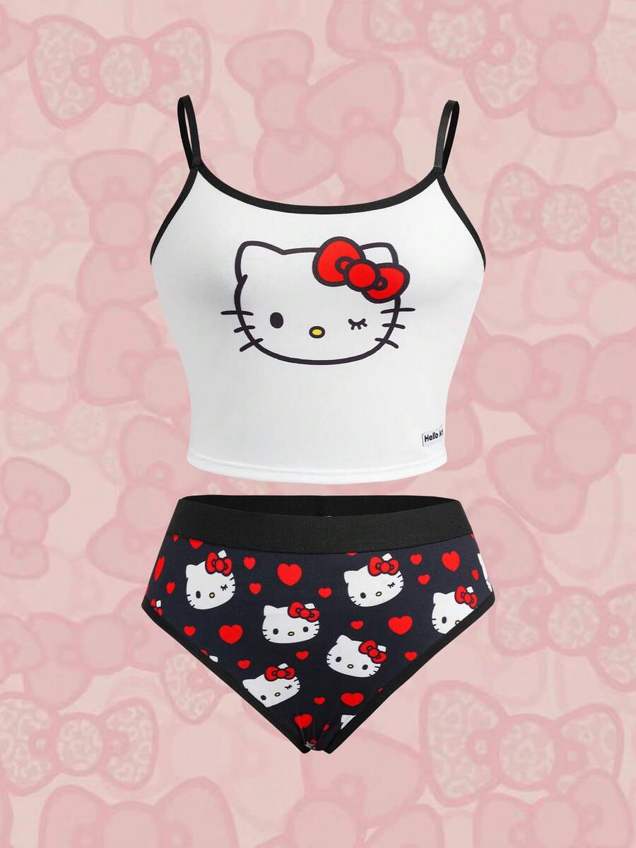 HELLO KITTY AND FRIENDS | SHEIN 女士卡通印花吊带文胸套装 - 黑與白 - 查看 1