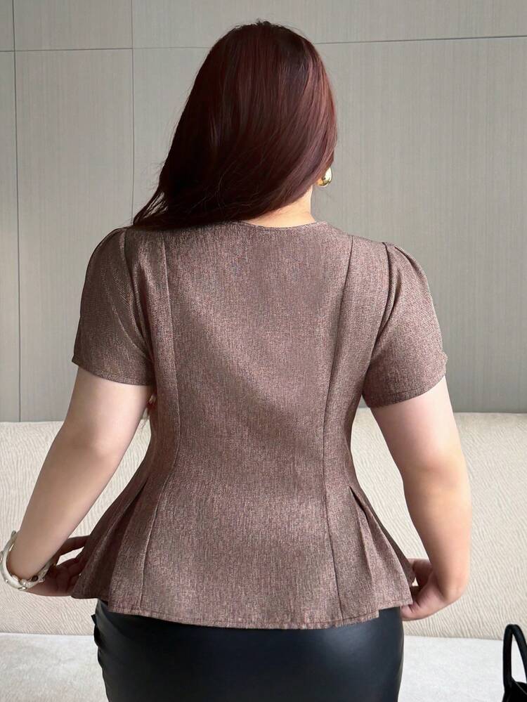Dazy Plus Square Collar Fitted Short Sleeve Jacket, Casual Versatile Commuting Solid Color Waist Cinched Plus Size Women Spring/Summer Short Top
