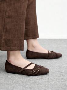 CUCCOO BIZCHIC 女鞋 女士方头平底棕色绒面革多条纹低帮玛丽珍鞋，时尚舒适，日常百搭通勤鞋 女士平底鞋 - 絨料棕56 - 查看 2