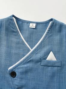 SHEIN Setelan Anak Laki-Laki, Lengan Panjang, Halloween, Natal, Kembali ke Sekolah, Setelan Sejajar - Dusty Blue - View 4