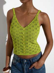 Áo Cami dệt kim cổ chữ V khoét lỗ cài nút phía trước MAIJA Vacation - màu xanh lá - Xem 7