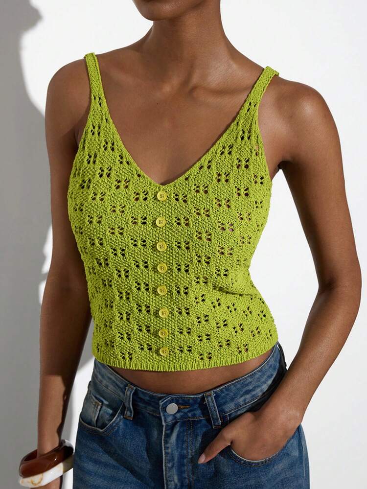 SHEIN Maija MAIJA Vacation Hollow Out Knit V-Neck Button Front Cami Top