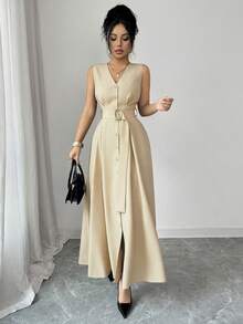 Elenzga Áo khoác cardigan dệt kim không tay cổ chữ V mới dành cho nữ, điểm nhấn là vòng kim loại, kiểu dáng thanh lịch, thích hợp mặc lâu dài. - Màu Khaki - Xem 3