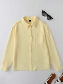 SHEIN Franclia 女士休闲度假风浅黄色纽扣衬衫和浅桃色宽松短裤两件套 - 淡黃色 - 查看 7