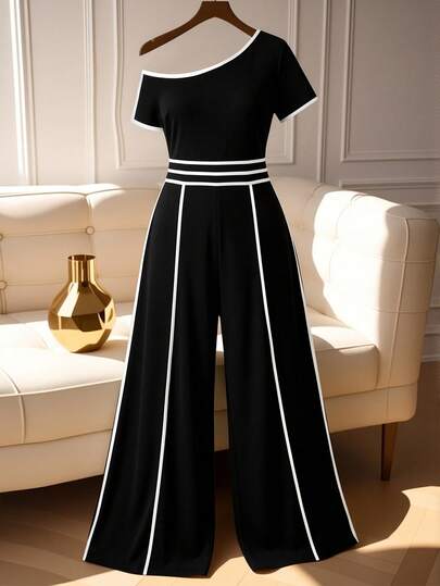 GlowEve CURVE Bộ áo liền quần ống rộng tay ngắn, dáng suông, vai bèo dành cho nữ cỡ lớn