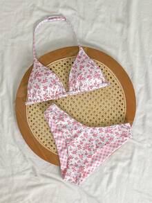 Kids Teen Girls Bikini Sets Summer Beach Holiday 2-Piece Random Floral & Plaid Print Triangle Halter Top And Bottom Set,Cute Pink Vacation Swimwear - Pink - View 8