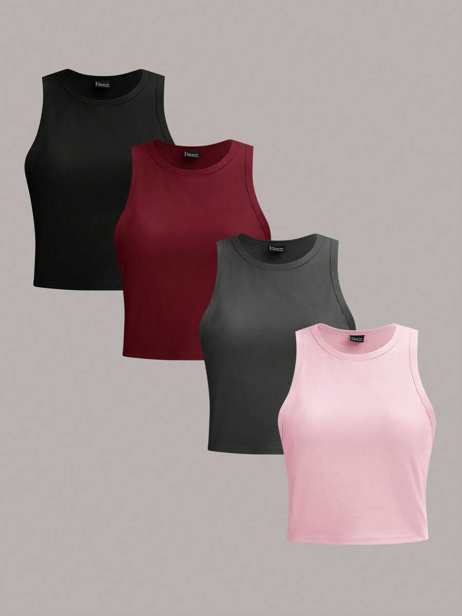 SHEIN Essnce Bộ 4 áo hai dây cổ tròn màu trơn, kiểu dáng đa năng, phù hợp cho nữ, thích hợp mặc mùa hè - Màu đen, hồng, đỏ đô, xám đậm. - Nhiều màu - Xem 1