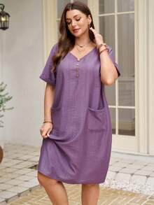 Rosumi Plus Size Women Solid Color Button Design Raglan Sleeve Casual Dress - Purple - View 5