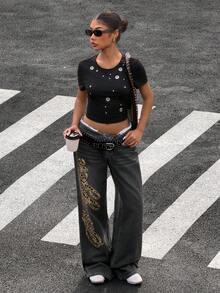 Muchica Quần jeans nữ ống rộng dáng suông, thoải mái, đa năng, có túi, thêu chữ và họa tiết da báo. - Xám - Xem 3