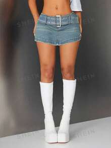 SHEIN Tall Quần váy denim thời trang nữ với họa tiết da rắn và khóa cài. - Màu xanh lam - Xem 4
