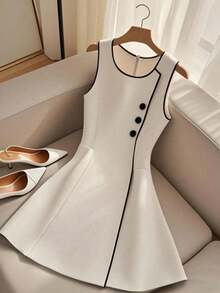 GlowEve CURVE Plus Size Elegant Commuter Color Block Sleeveless Dress - White - View 5