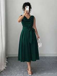 GlowEve CURVE Plus Size Women Elegant Sleeveless Dress With Bow Tie Waist - Dark Green - View 7