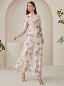 Vestido largo elegante de mujer con cuello redondo, mangas acampanadas y estampado tie-dye - Púrpura malva - Ver 3