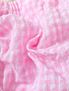 SHEIN Bộ đồ 2 mảnh cho bé gái sơ sinh: áo hai dây màu xanh trắng kẻ caro thêu hoa và quần đùi tam giác, kiểu dáng dễ thương, trong suốt, phù hợp cho chụp ảnh ngoài trời và du lịch. - Hồng - Xem 6
