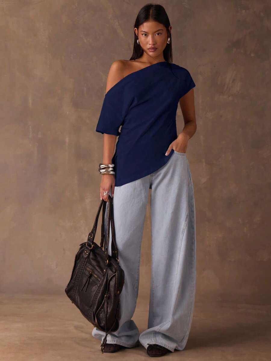 SHEIN BAE Camiseta casual de mujer de unicolor con hombro asimétrico y manga corta - Azul Marino - Ver 1
