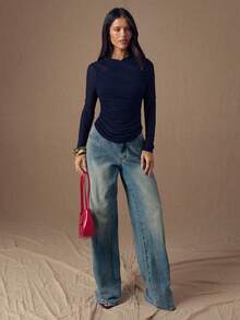 SHEIN BAE Áo thun nữ dài tay cổ chữ V xếp ly màu trơn, ôm dáng. - Màu xanh hải quân - Xem 7