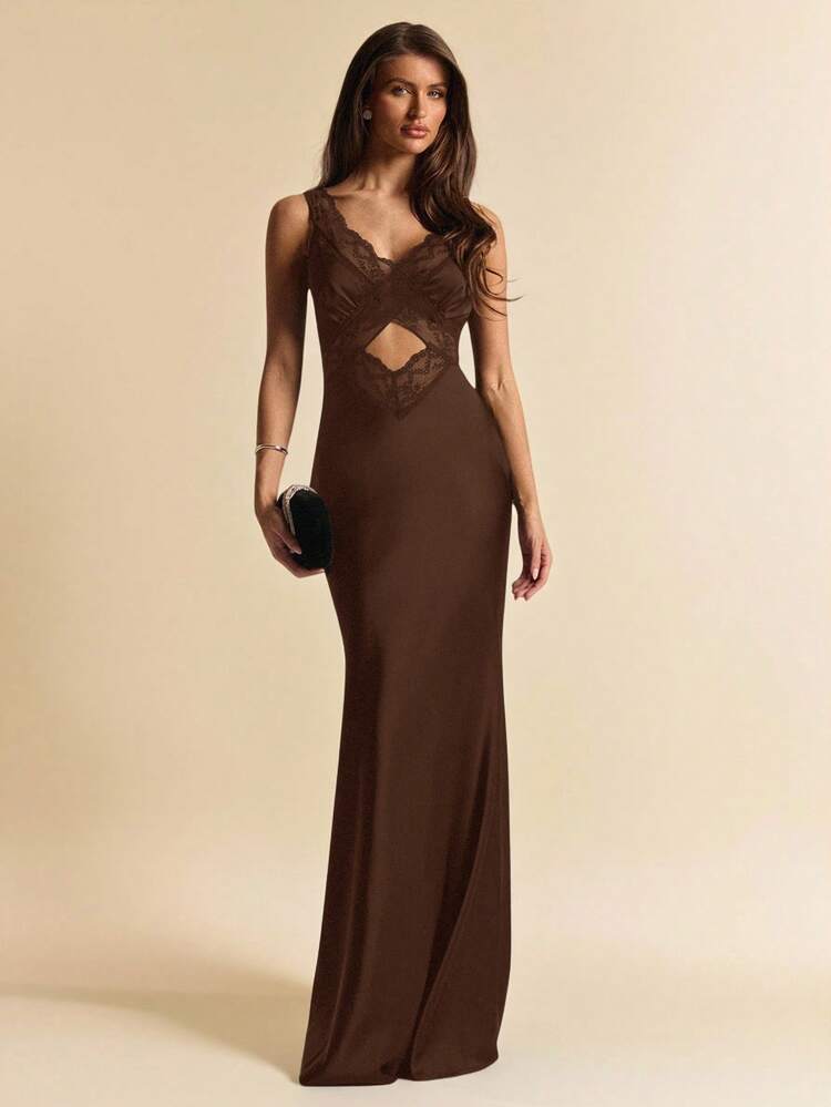 dark brown slip dress SHEIN Brown Metallic Embellished Slip Dress Women's Maxi Dresses Sundresses Slim Fit Spaghetti Strap Knitted Sexy Backless Cami Minimalist Casual