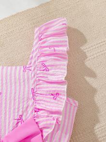 SHEIN Vintaside Kids Đầm bé gái tay loe cổ vuông kẻ sọc dọc, điểm nhấn nơ 3D, họa tiết bướm khắp thân đầm, kiểu Pháp tươi tắn và ngọt ngào, dáng rộng thoải mái, thích hợp cho mùa hè. - Hồng - Xem 8