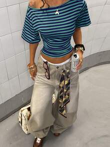 StreetHx Women's Fashionable Multi-Color Striped Asymmetric Neck Casual T-Shirt - Multicolor - View 6