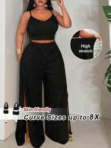 SHEIN CURVE+ 大码女式纯色吊带背心和阔腿裤休闲两件套 - 黑色 - 查看 1