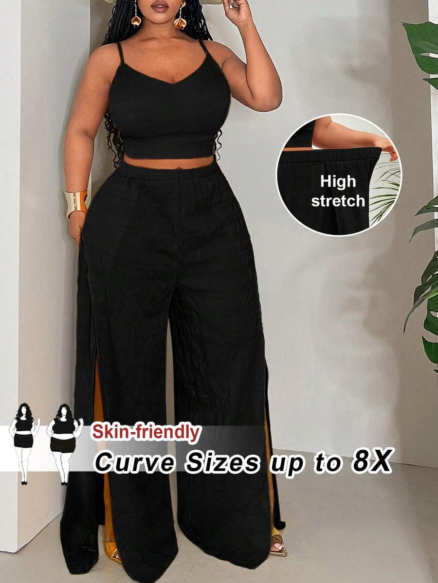 SHEIN CURVE+ 大码女式纯色吊带背心和阔腿裤休闲两件套 - 黑色 - 查看 1