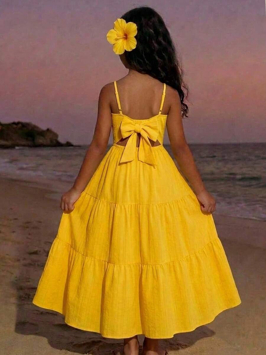 Tween Girl Casual Tropical Vacation Bright Yellow Camisole Dress - Yellow - View 1