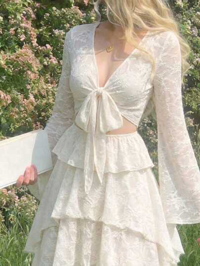 SHEIN MOD 女士优雅前系结提花喇叭袖衬衫，春夏款