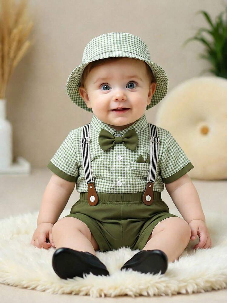 Souflis 4pcs Toddler Boys' Green Plaid Set, Including Short Sleeve Shirt And Regular Bib Shorts, Suitable For Formal Occasions Like Birthday, Wedding, Graduation Or Casual Wear - Army Green - View 3