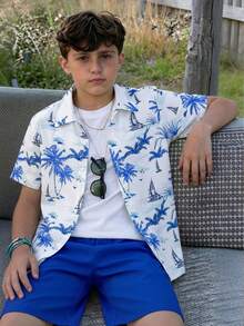 SHEIN Vacaura 2pcs Casual Versatile Beach Vacation Style Coconut Tree Print Digital Shirt + Shorts Set, Suitable For Daily Commute And Outdoor Wear, Teenagers - Royal Blue - View 1