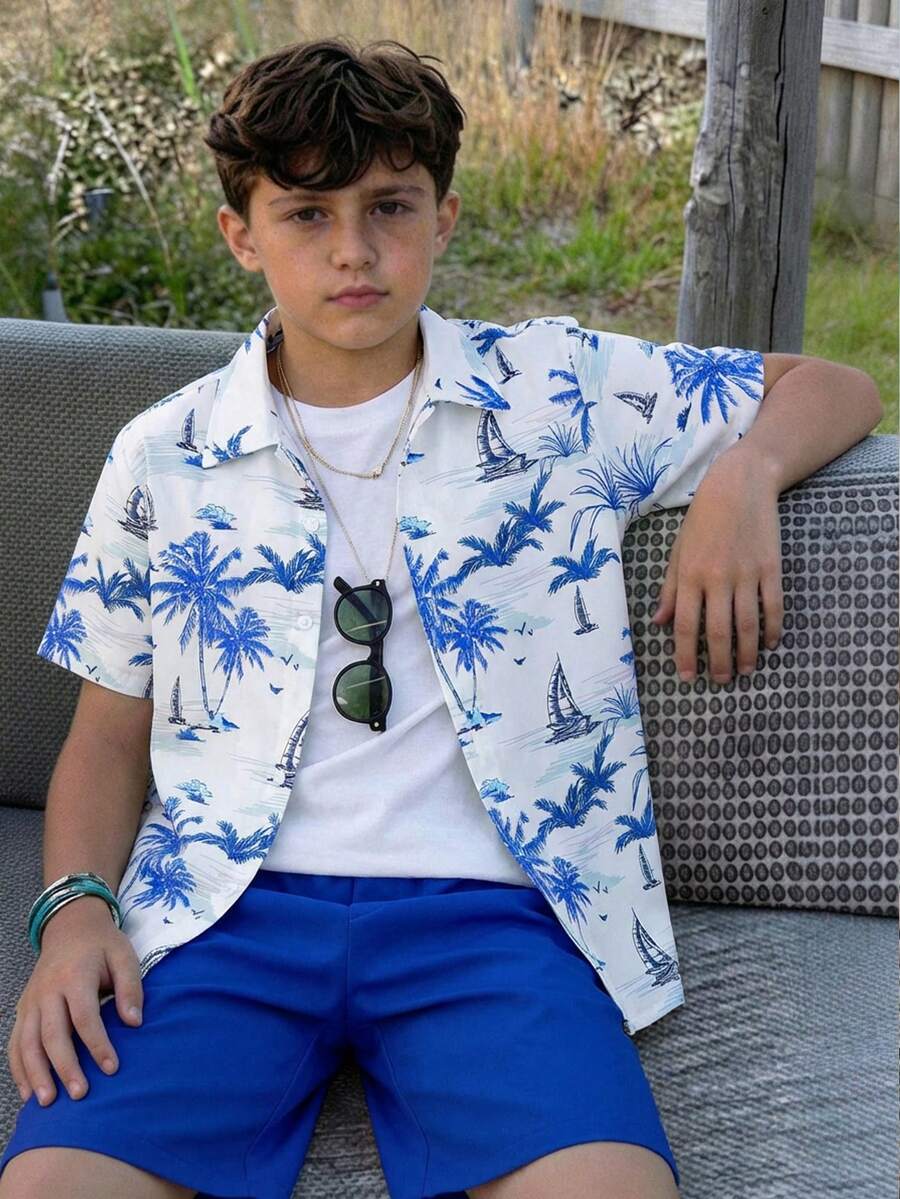SHEIN Vacaura 2pcs Casual Versatile Beach Vacation Style Coconut Tree Print Digital Shirt + Shorts Set, Suitable For Daily Commute And Outdoor Wear, Teenagers - Royal Blue - View 1