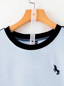 Everyssa 2pcs/Set Women's Fashion Round Neck Embroidered Print Contrast Trim T-Shirt, Casual Elastic Waist Embroidered Wide Leg Pants Set - Multicolor - View 5