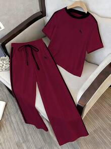 2pcs/Set Women's Fashion Round Neck Embroidered Print Contrast Trim T-Shirt, Casual Elastic Waist Slant Pocket Embroidered Wide Leg Pants Set - Multicolor - View 4