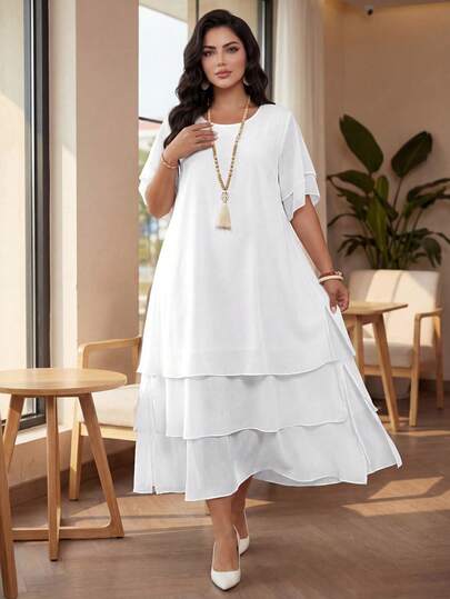 SHEIN Lady CURVE 大码休闲连衣裙，白色圆领无袖不对称下摆飘逸节日波西米亚连衣裙，适合春夏季波西米亚风格女式夏季连衣裙西方女装度假白色女式连衣裙乡村音乐会服装乡村服装女式，飘逸连衣裙分层连衣裙纱布女式白色休闲连衣裙女式夏季连衣裙