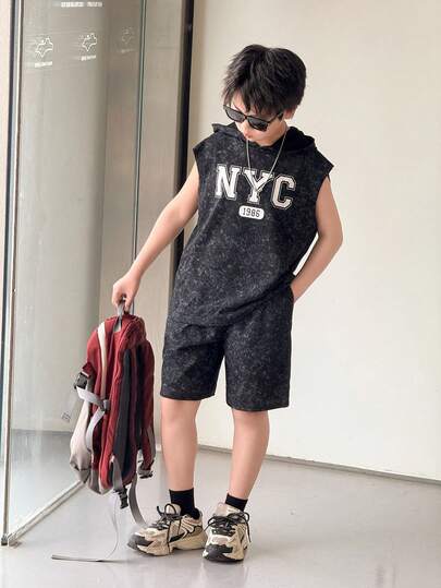 2件套儿童/青少年男童休闲韩版字母印花连帽卫衣和纯色短裤套装