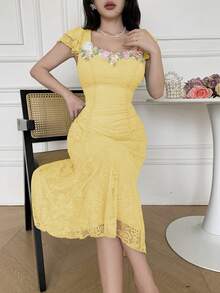 Modelyn Women's Lace Patchwork Floral Decor Elegant Summer Dress - Pale Yellow - View 4