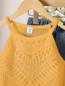 Girls' Vacation Beach Countryside Summer Crochet Lace Halter Crop Top - Yellow - View 4