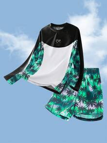 SHEIN Boys' Printed 2 Pieces Casual Vacation Pattern Long Sleeve Swimsuit And Swim Trunks - Green - View 9