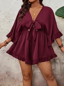 SHEIN VCAY Mono de talla grande con mangas de murciélago, dobladillo con volantes y cintura con lazo, unicolor para vacaciones - Burdeos - Ver 4