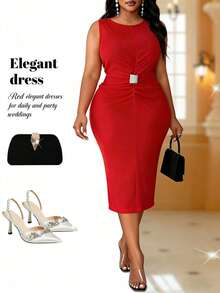 Maweii Plus Size Women's Red Summer Elegant Satin Party Dress,Sleeveless Boat Neck Ruched Waist Metal Button Mid-Length Bodycon Pencil Reception Outfit - Red - View 1
