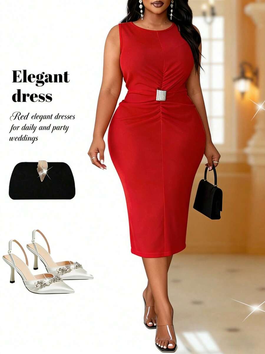 Maweii Plus Size Women's Red Summer Elegant Satin Party Dress,Sleeveless Boat Neck Ruched Waist Metal Button Mid-Length Bodycon Pencil Reception Outfit - Red - View 1