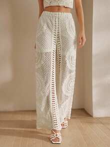 Quần ống rộng nữ thêu rỗng, cạp chun - trắng - Xem 7