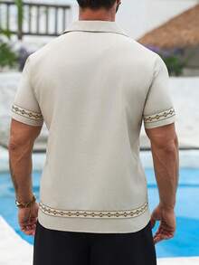VENTUSAIL 男士米色幾何印花短袖襯衫，夏季波西米亞風 Guayabera 風格領開襟襯衫，復古度假休閒度假風 - 杏色 - View 2