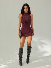 SHEIN PETITE Burgundy Summer 70s Party Elegant Bodycon Mini Dress For Women, High Neck Sequins Draped Deep V Valentine's Day Nightlife Evening Party Dresses ,Petite Women - Burgundy - View 6